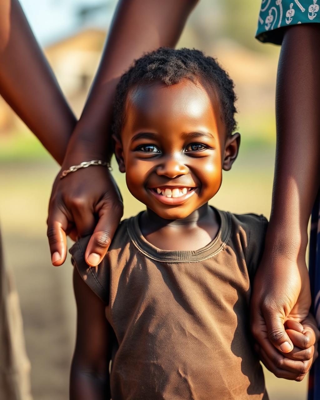 A child smiling, held by family